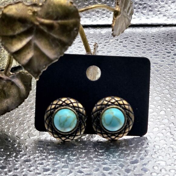 Jewelry - "5/$25" Brass Tone Gaux Turquoise Stud Post Round Southwestern Style Earrings
